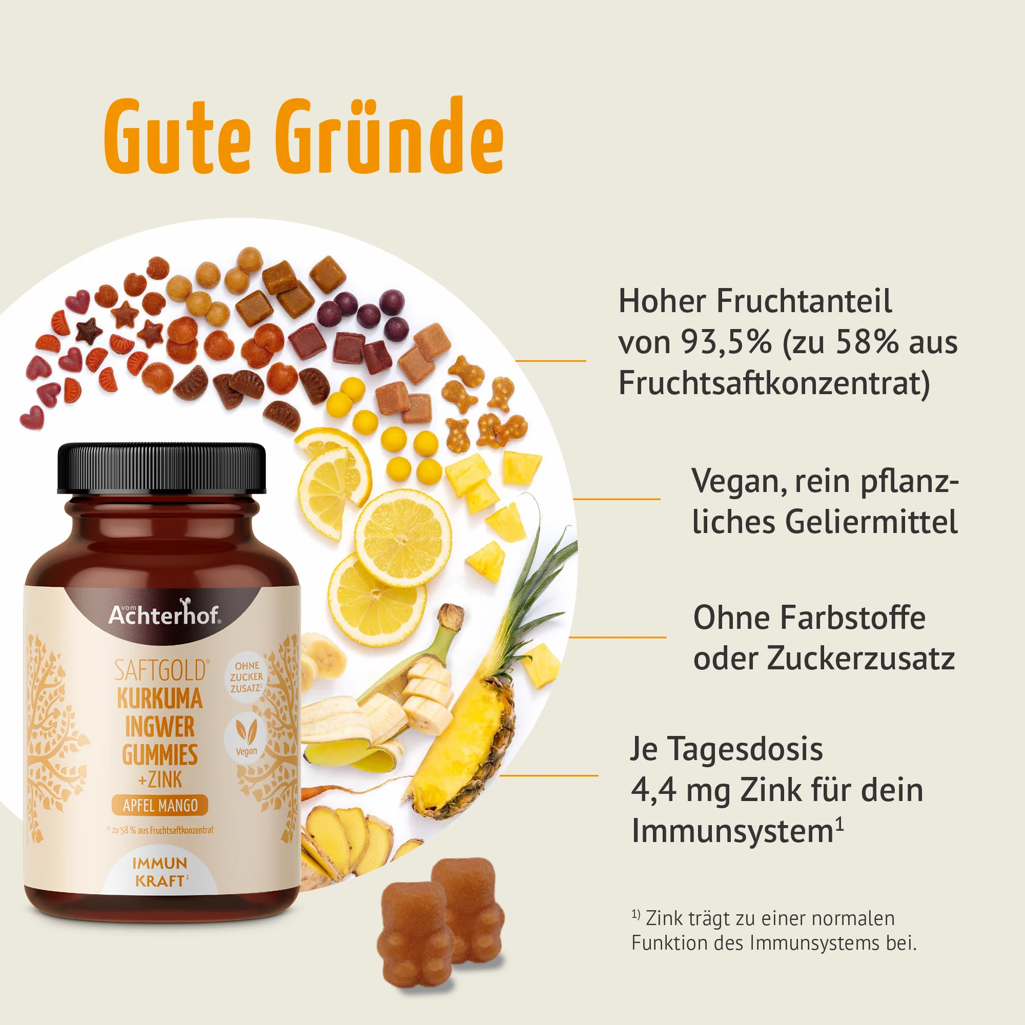 Saftgold Kurkuma Ingwer Gummies Apfel Mango + Zink (75 Stück) - Image 2