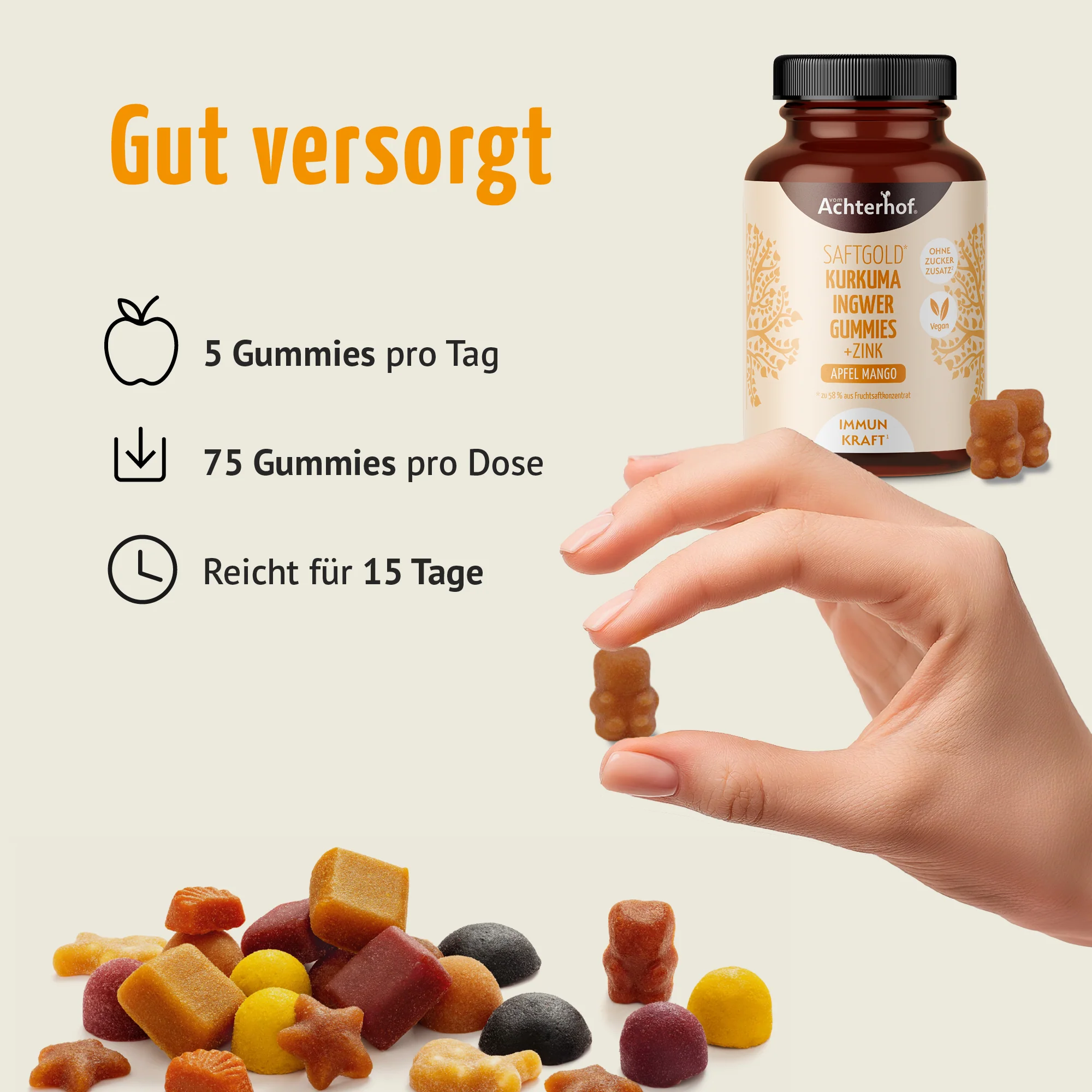 Saftgold Kurkuma Ingwer Gummies Apfel Mango + Zink (75 Stück) - Image 4
