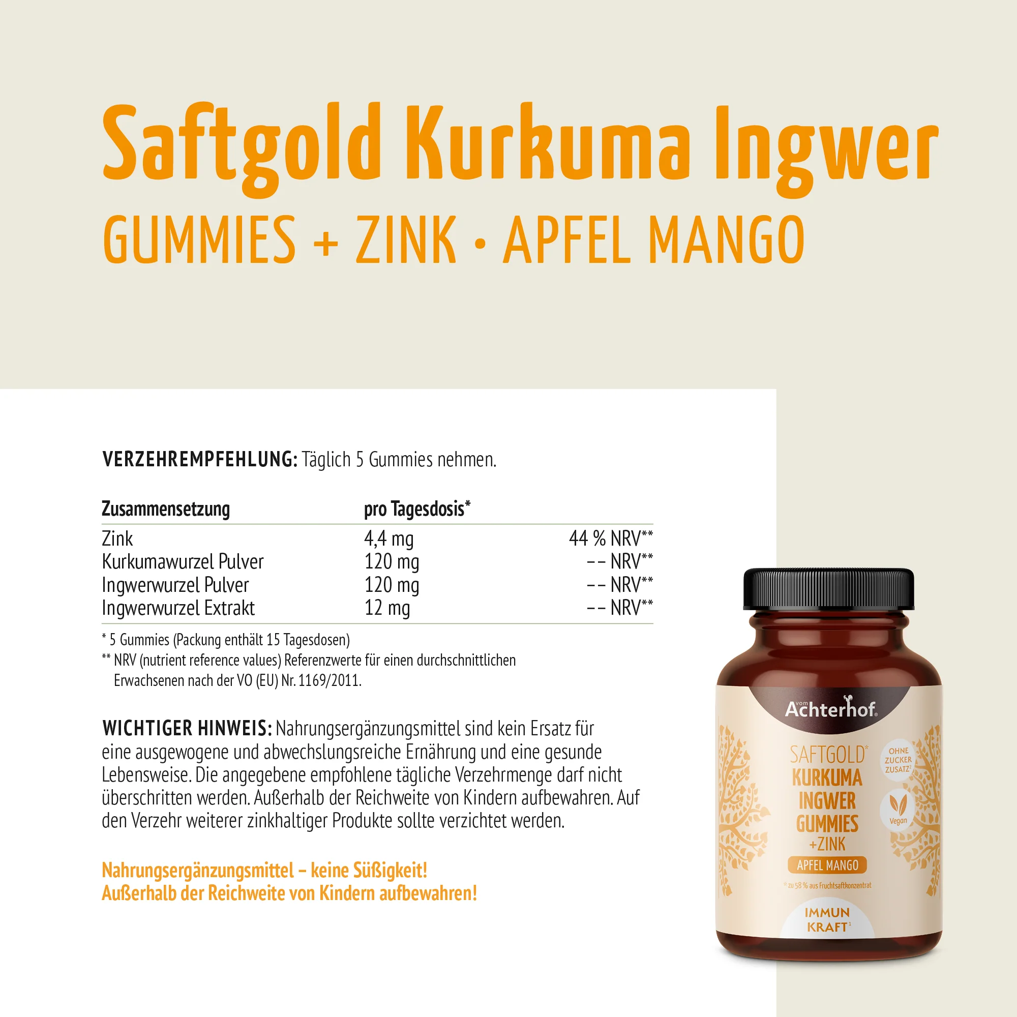 Saftgold Kurkuma Ingwer Gummies Apfel Mango + Zink (75 Stück) - Image 7